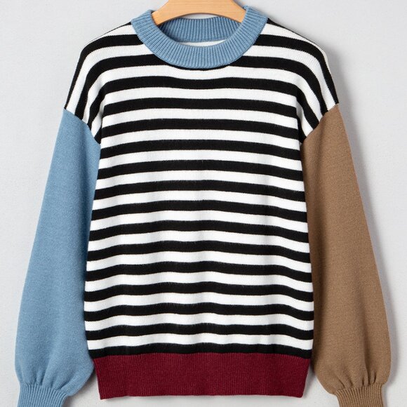 Sweaters - Color black Striped Panels Colorblock Sleeve Chic Sweater